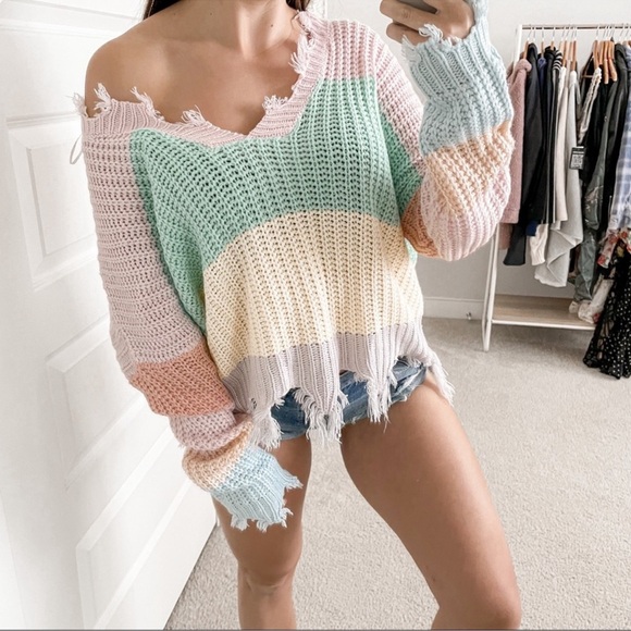 Miracle Destroyed Hem Color block V Neck Sweater sz Small Medium pink green blue - Picture 2 of 14